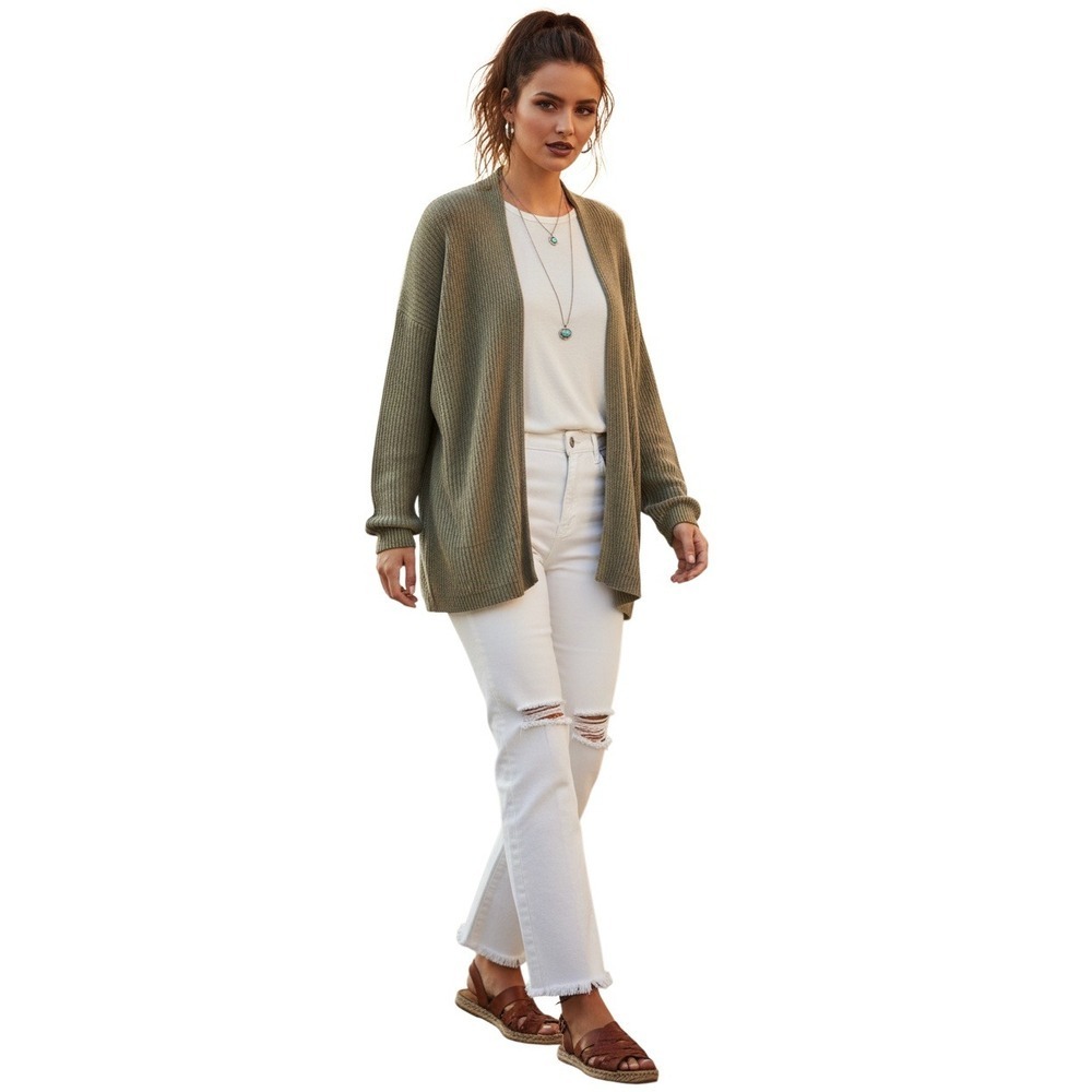 STACCATO Olive Green Viscose Ribbed Cardigan S M Relaxed Open Front Earthy Boho